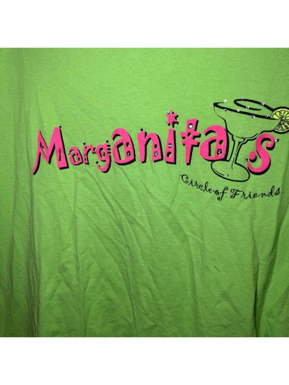 Green Margarita's Circle of Friends cotton t-shirt with pink text and martini